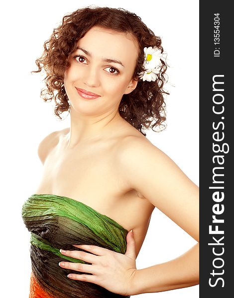 Beautiful woman  with camomile flower on white background. Beautiful woman  with camomile flower on white background