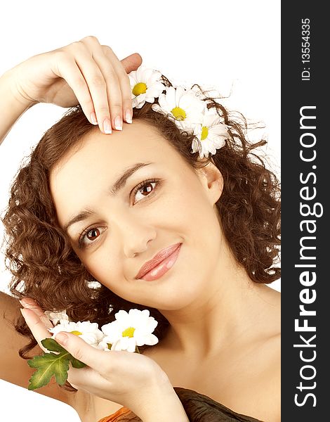 Beautiful woman  with camomile flower on white background. Beautiful woman  with camomile flower on white background