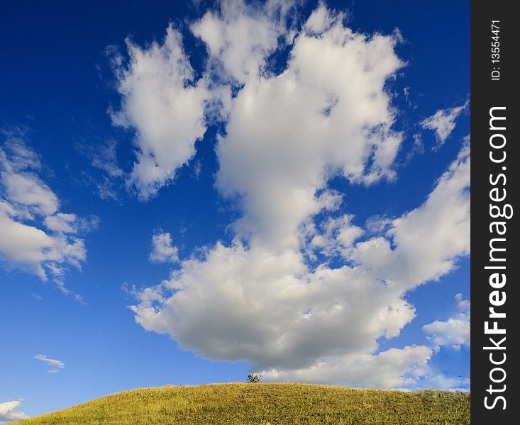 Landscape with white clouds on a background of the blue sky, a hill with a lonely tree. Landscape with white clouds on a background of the blue sky, a hill with a lonely tree