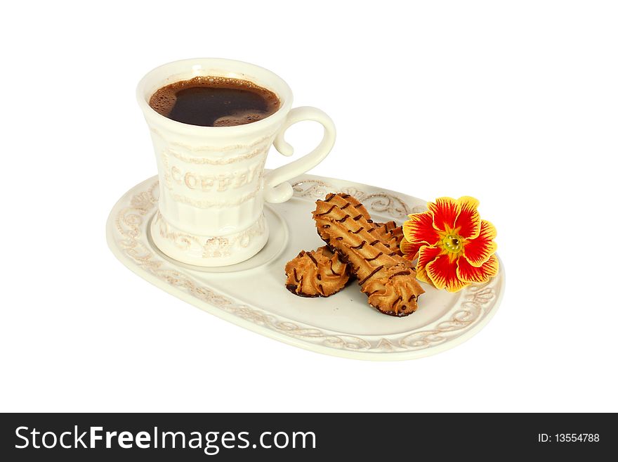 Cup of coffee with cake and flower isolated on white. Cup of coffee with cake and flower isolated on white