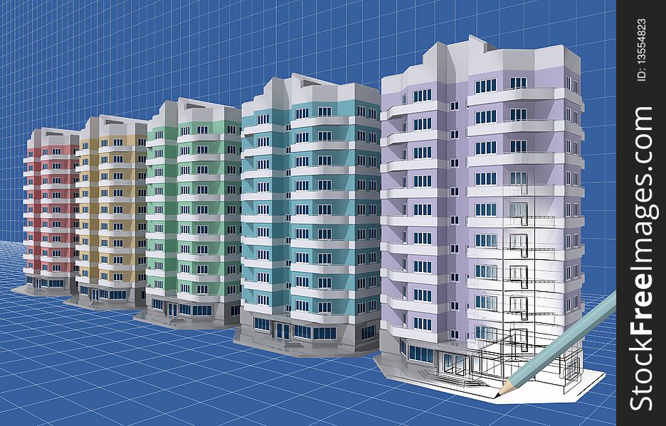 Drawing of residential houses in 3D isometric view. Drawing of residential houses in 3D isometric view.