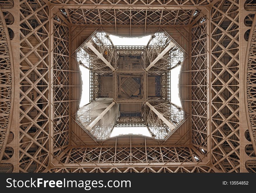 Internal view of Eiffel Tower, view from below upwards. Internal view of Eiffel Tower, view from below upwards.