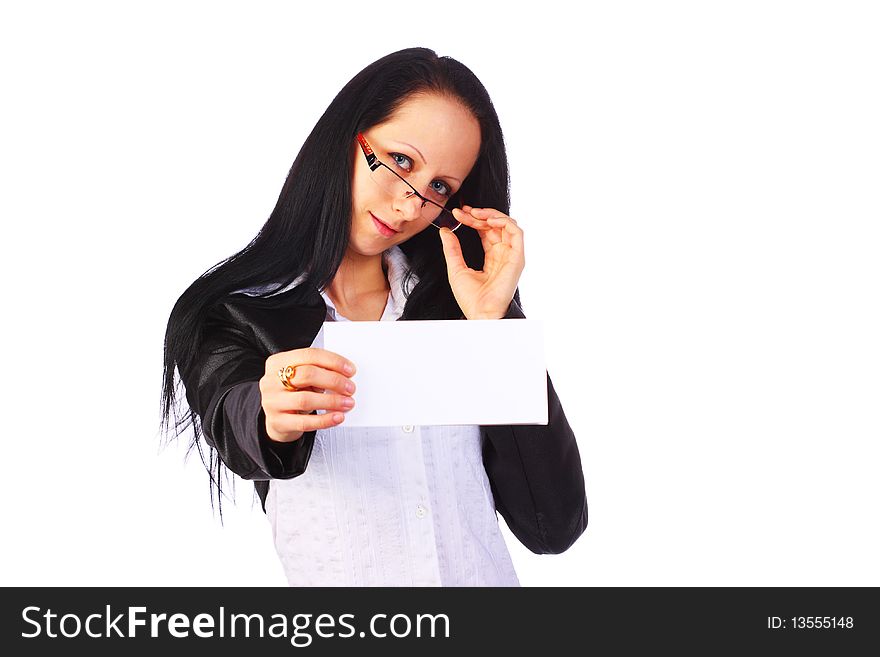 Elegant smiling businesswoman wearing eyeglasses holding a blank note-card, isolated on white. Elegant smiling businesswoman wearing eyeglasses holding a blank note-card, isolated on white