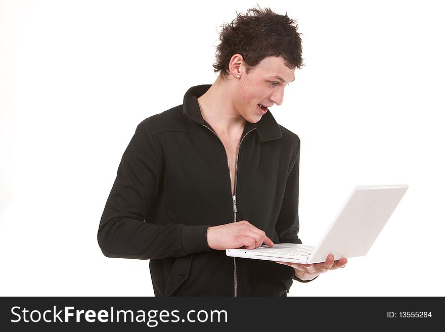 Young stylish man with white notebook