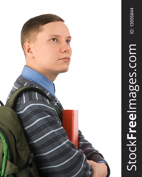 Young male student carries backpack