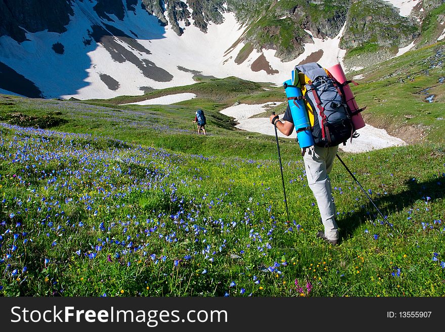 Happy hiker in Caucasus mountains