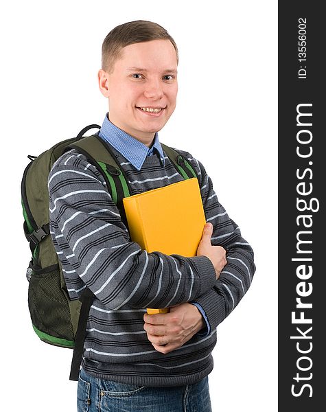 Young male student carries backpack