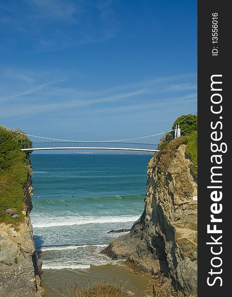 The bridge over the sea on towan beach at newquay in cornwall in england