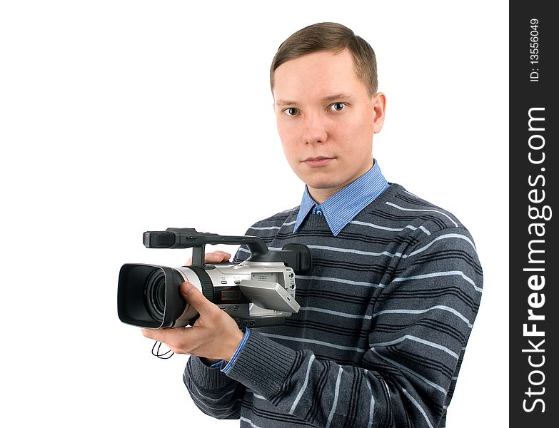 Young man with digital video camera