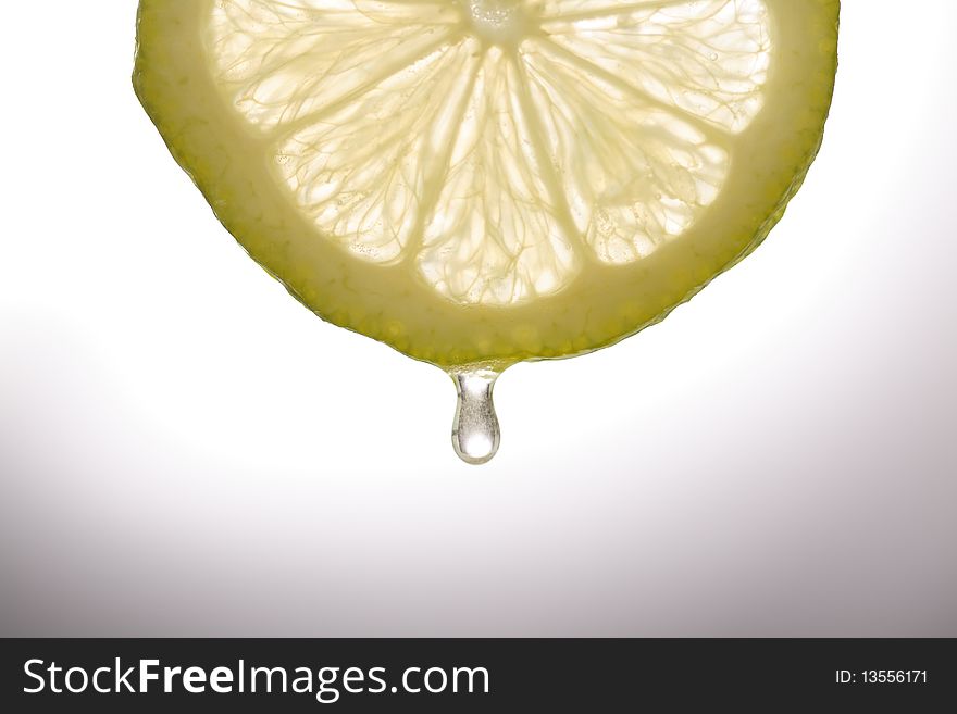 Close up of a slice of lemon with water drops.