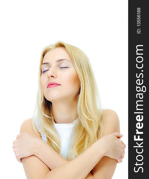 Beauty blond girl with closed eyes on white background. Beauty blond girl with closed eyes on white background