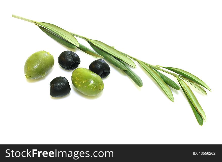 Blach and green olives on white background