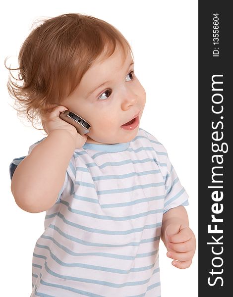 Little boy talking on the phone. Isolated on white background