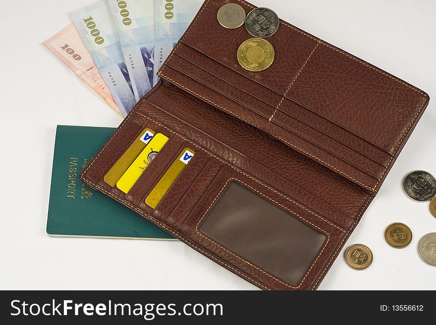 Open leather wallet on isolated background