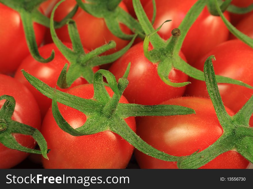 Gathered fresh red tomatoes with green leaves