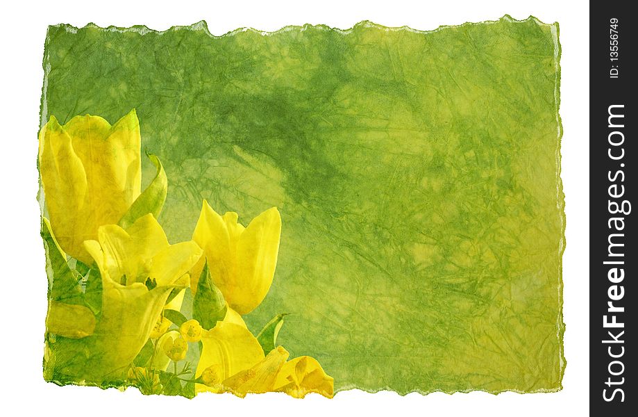 Hand-made paper with floral decoration - yellow tulips, background for your text. Hand-made paper with floral decoration - yellow tulips, background for your text