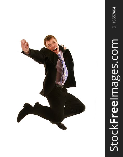 Jumping young businessman isolated on a white background