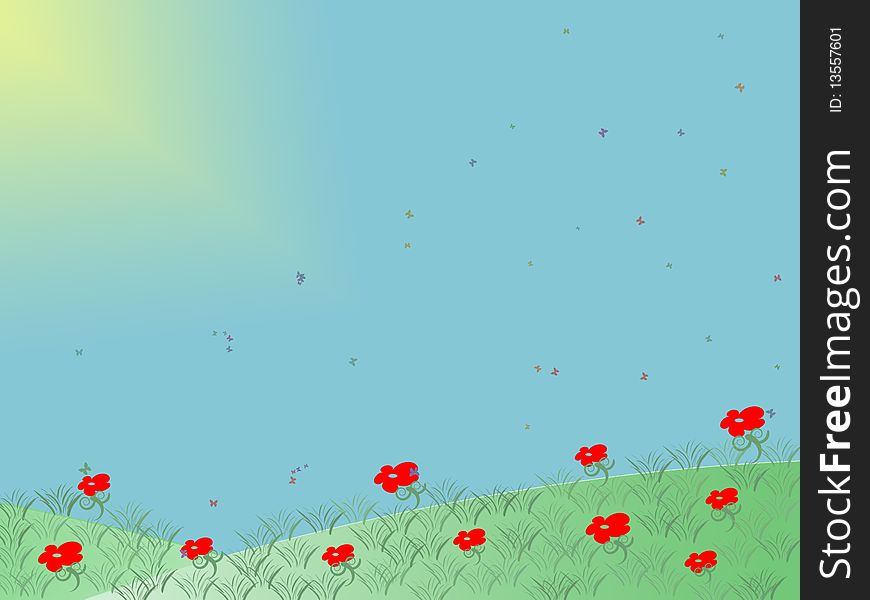 Illustration of summer landscape. Green hills with grass and flowers and butterflies over the blue sky. Useful for greeting cards, postcards in theme with the summer or spring. Illustration of summer landscape. Green hills with grass and flowers and butterflies over the blue sky. Useful for greeting cards, postcards in theme with the summer or spring.