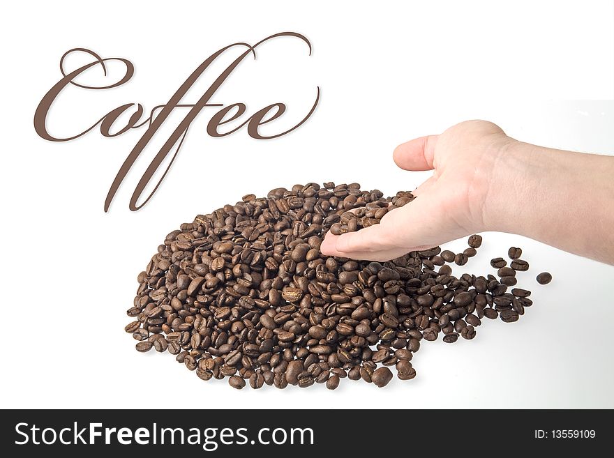Hand offering roasted coffee beans. Focus on coffee. The text is on plain white (easily removable).