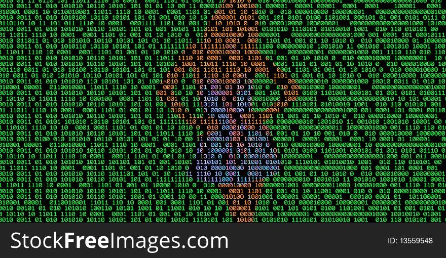 Black background with a wall of green binary number  woman design coloured red and blue . Black background with a wall of green binary number  woman design coloured red and blue