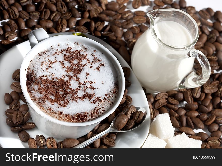 Grain and coffee cappuccino, sugar, milk