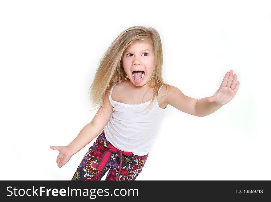 Little girl making funny faces over white