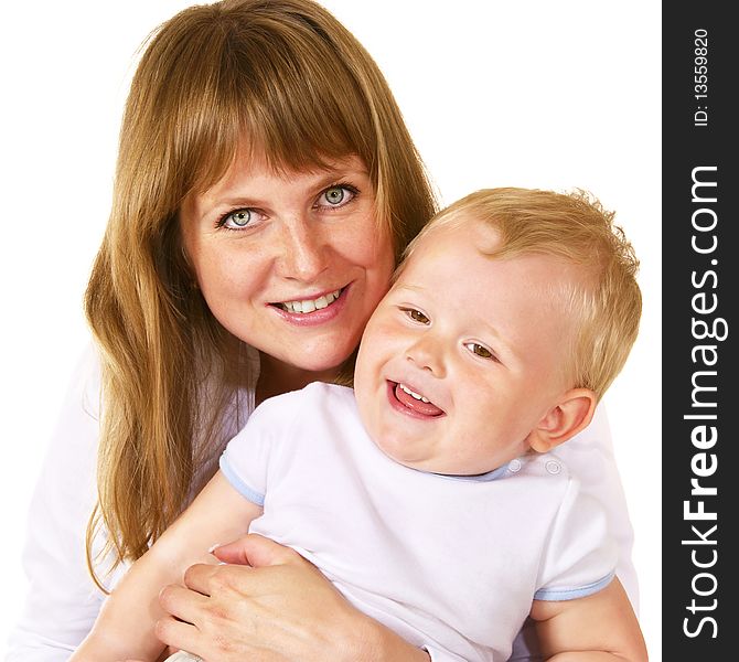 Closeup portrait of happy mother with her little son over white. Closeup portrait of happy mother with her little son over white