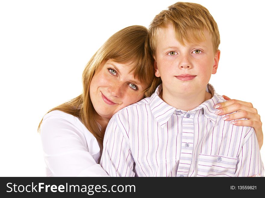 Portrait of mother and her son over white