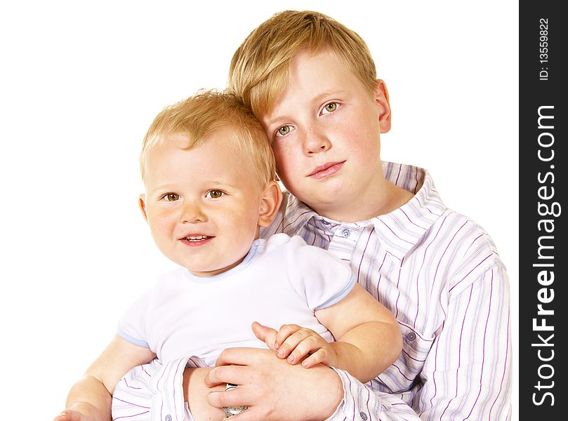 Closeup portrait of two brothers over white