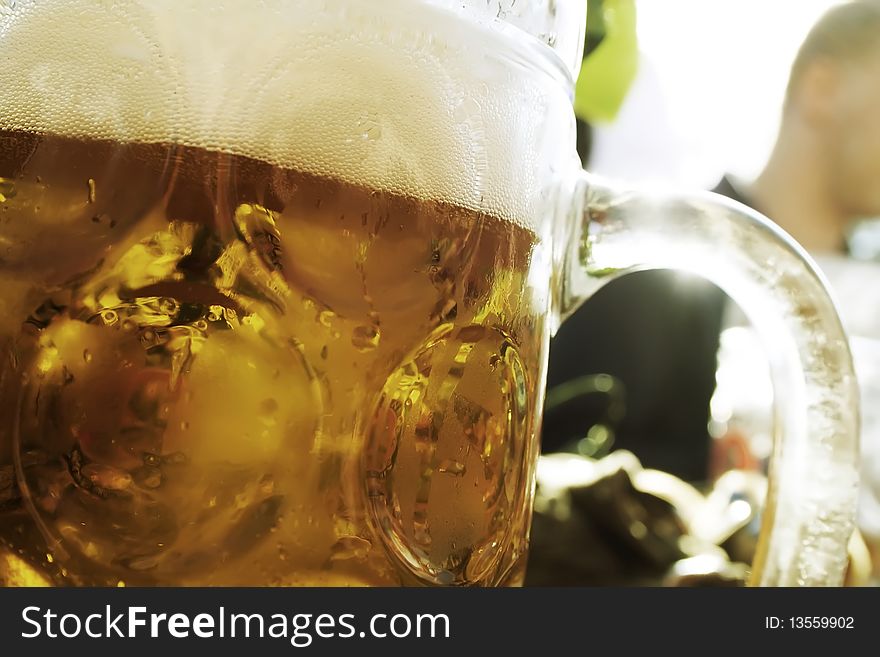 Closeup of large beer at Oktoberfest in Munich Germany