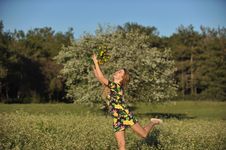 Beautiful Young Woman Jumping In Blooming Meadow Stock Photos Beautiful Young Woman Jumping In Blooming Meadow Stock Photos