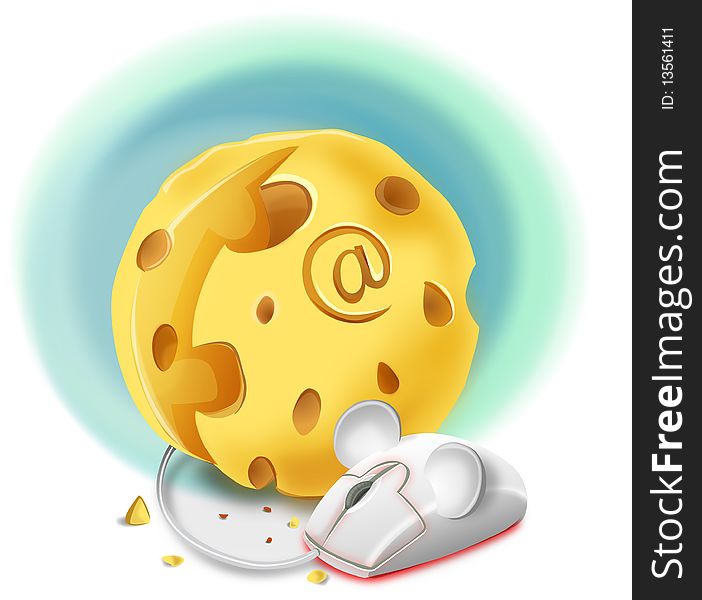 Abstract Illustration of a Cheese as a Computer and the Mouse On The Blue Background