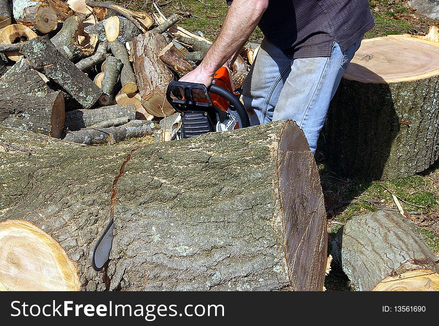 A Man Cutting a Large Log with a Chainsaw. A Man Cutting a Large Log with a Chainsaw