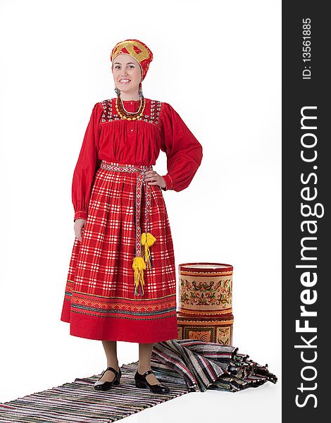 Woman in Russian handmade traditional clothing on isolated background. Woman in Russian handmade traditional clothing on isolated background