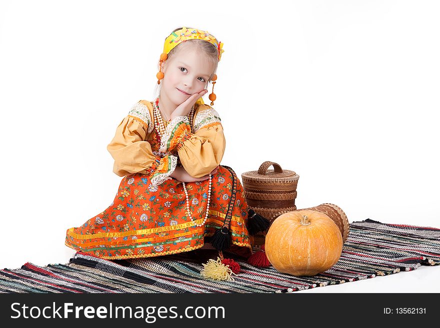 Girl in Russian handmade traditional clothing on isolated background. Girl in Russian handmade traditional clothing on isolated background