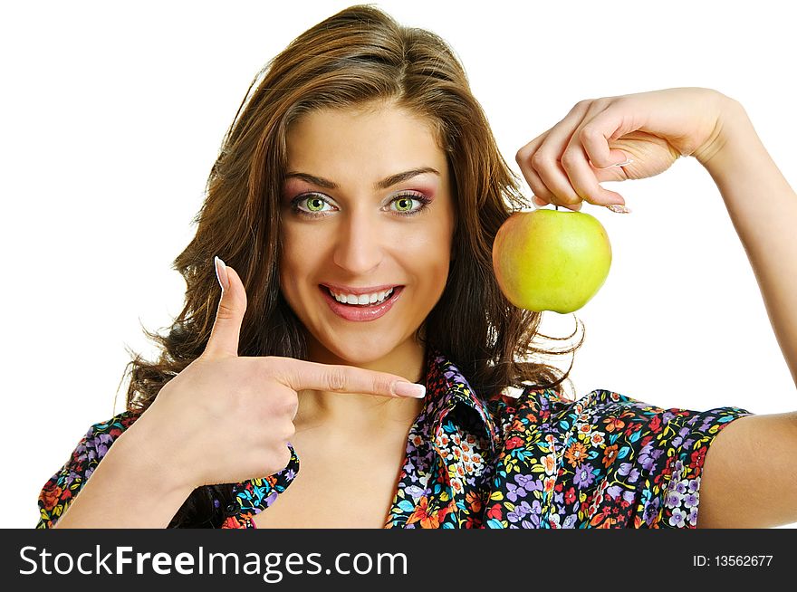 Beauty girl with apple in hand on white background. Beauty girl with apple in hand on white background