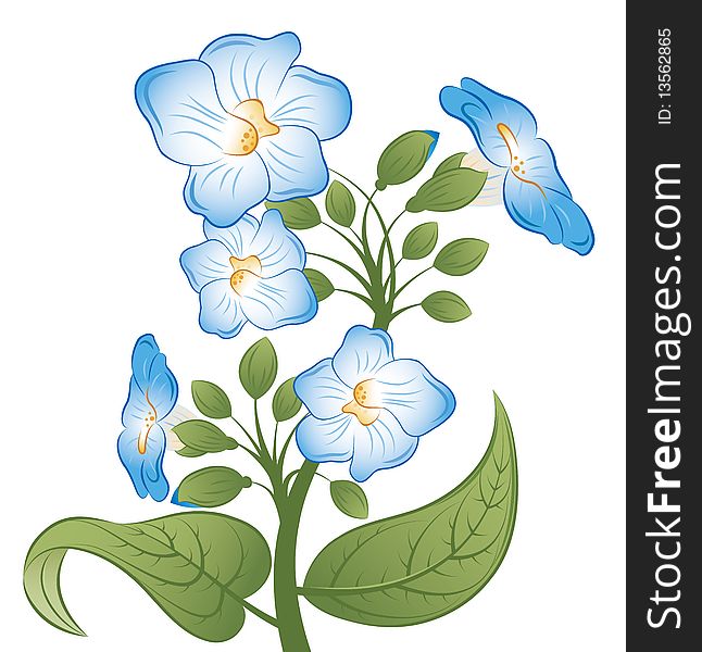 Illustration drawing of blue flower with green leaves