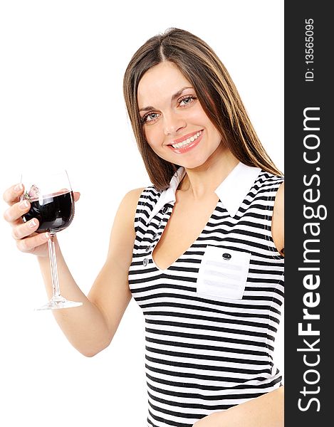 Portrait of beautiful woman with glass red wine on a white background