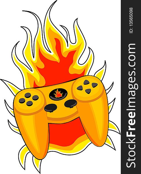 Modern yellow game controller with a hot fire flames in the background. Modern yellow game controller with a hot fire flames in the background.