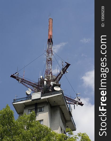 Concrete tower with transmitters and antennas