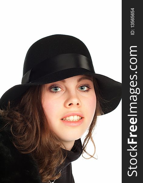 Beautiful smiling woman with black hat