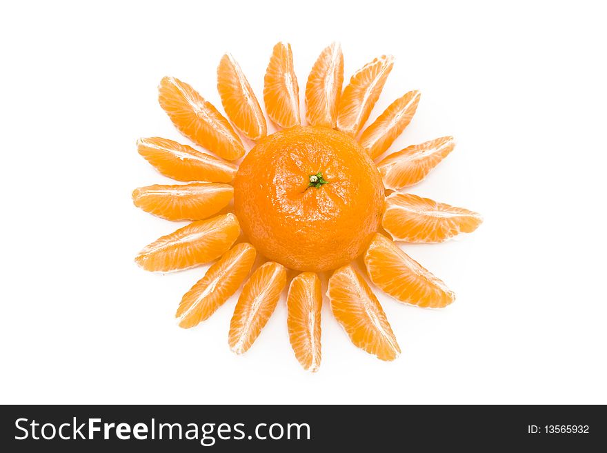 Mandarin on white background - shape of the sun. Mandarin on white background - shape of the sun