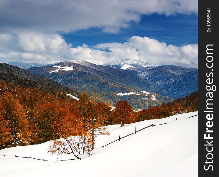 The first snow in the middle of October. Ukraine, mountains Carpathians. The first snow in the middle of October. Ukraine, mountains Carpathians.