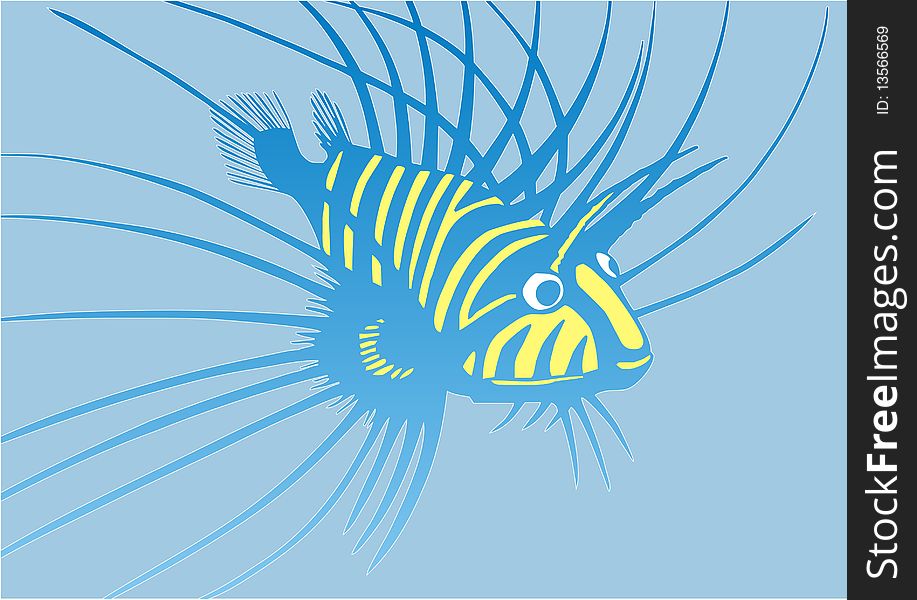 Strange blue-and-yellow fish on blue background, stylized decorative picture