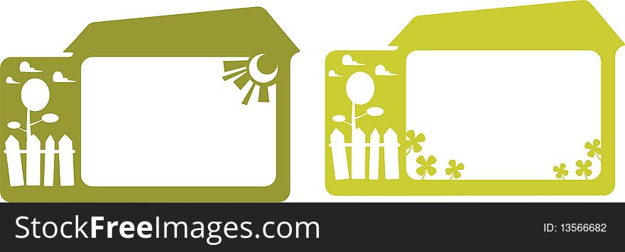 Frameworks for a photo and the illustrations, representing small houses on a white background