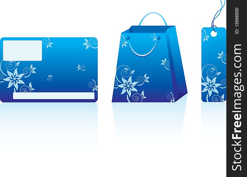 Blue shopping set. Many decorative elements. Isolated on a white background.