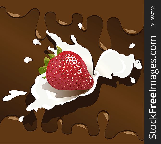 Illustration, red strawberries in chocolate in drop milk