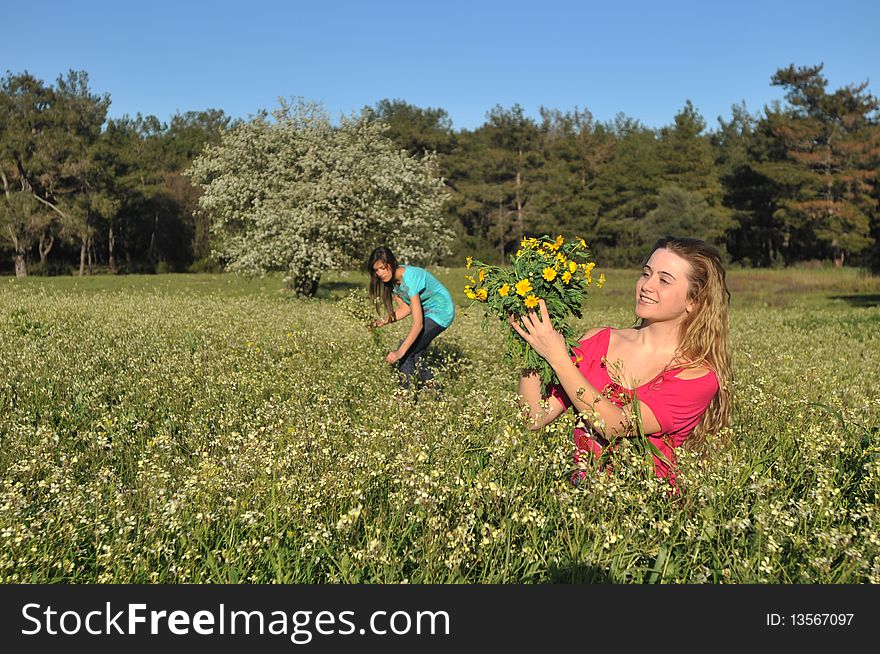 Two beautiful young women standing in meadow