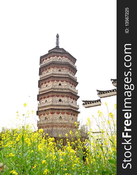Ancient pagoda with rapeseed blossom in Anhui,China