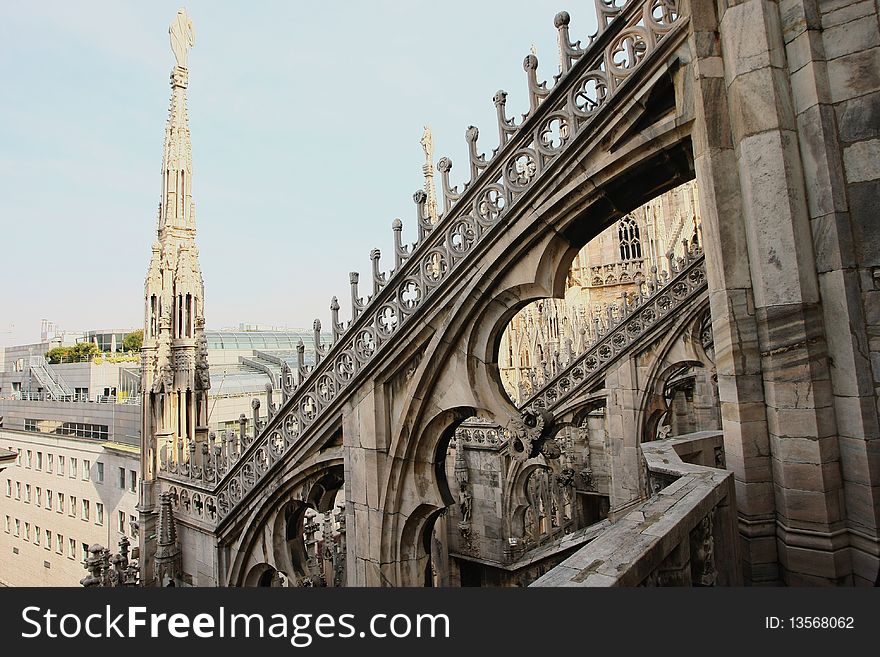 Roof of duomo cathedral in spring, milan, italy
